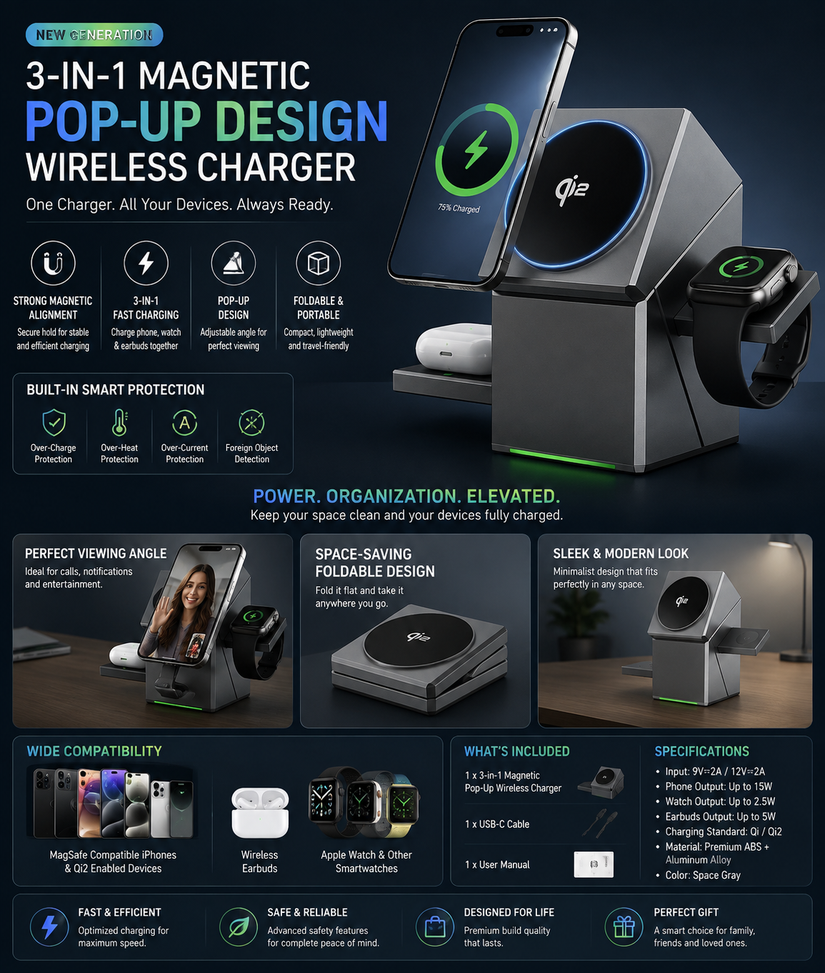 New Generation 3-in-1 Magnetic Pop-up Design Wireless Charger